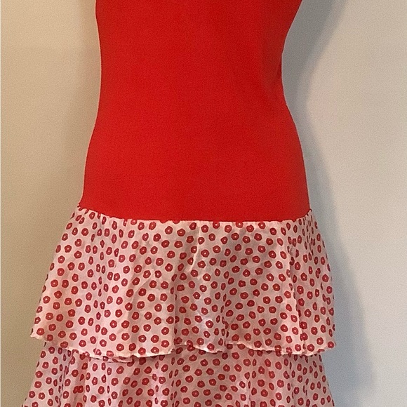 THERESE BAUMAIRE Paris Vintage Red Midi Dress Belt Ruffle 38 (size 8) - Picture 2 of 6